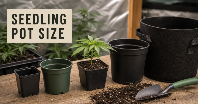 Healthy cannabis seedling beside several increasing container sizes on a potting bench.