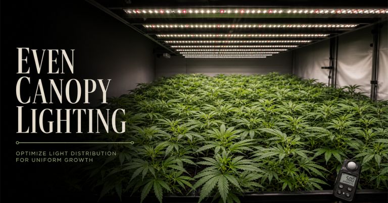 Even indoor cannabis canopy under aligned LED grow lights with a light meter at the edge.