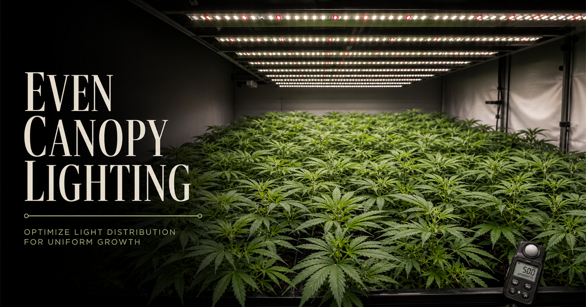 Even indoor cannabis canopy under aligned LED grow lights with a light meter at the edge.