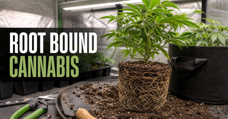 Root bound cannabis plant with visible circling roots beside a larger fabric pot for transplanting.