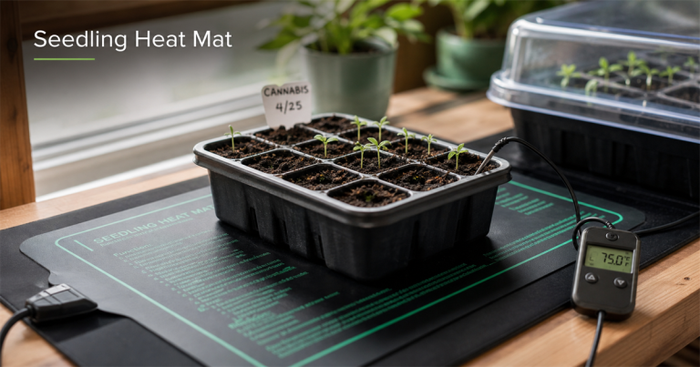 Cannabis seedlings on a propagation tray over a seedling heat mat with a thermostat probe.