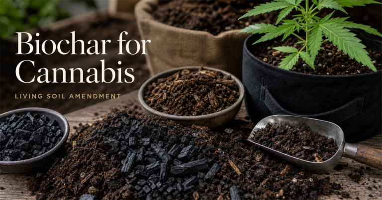 Biochar, compost, and soil amendments beside a young cannabis plant in a fabric pot.