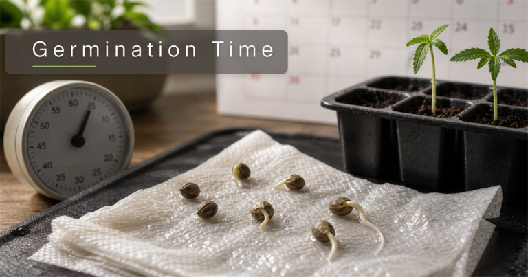 Germinating cannabis seeds with visible taproots on a damp starter surface beside a timing reference.