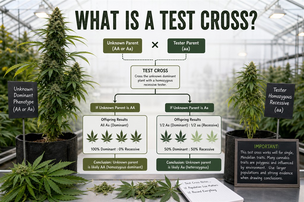 What is a test cross in cannabis breeding?