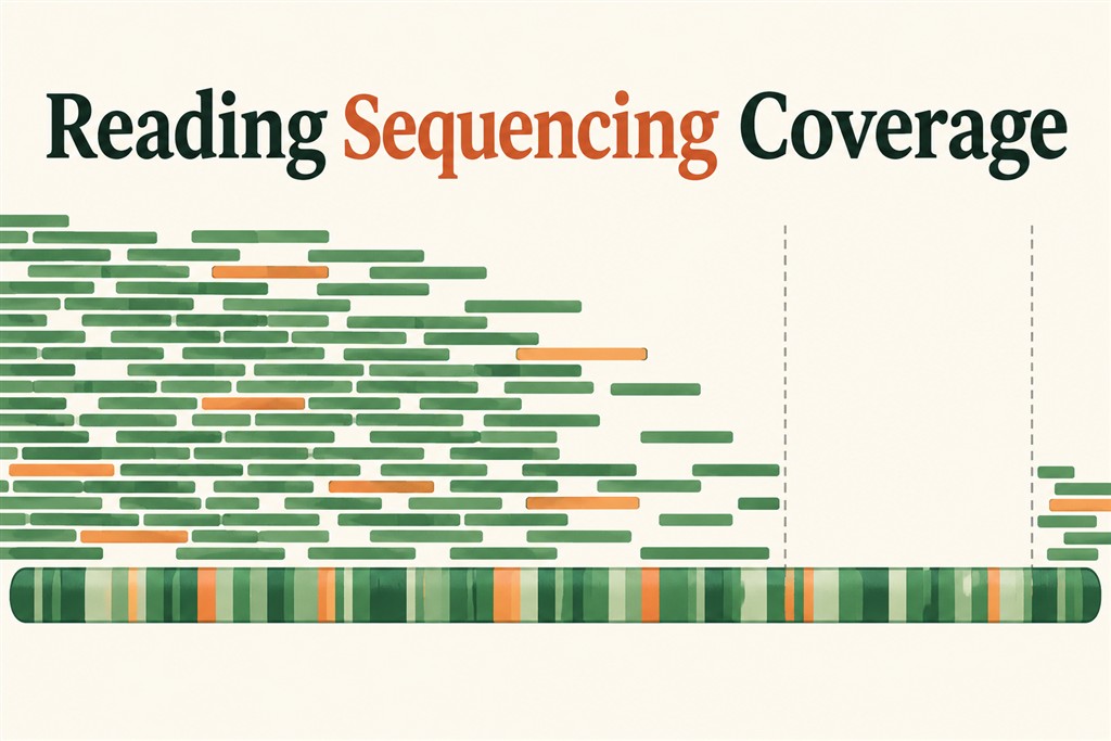 Overlapping sequence-read bars and an uncovered gap illustrate sequencing coverage.