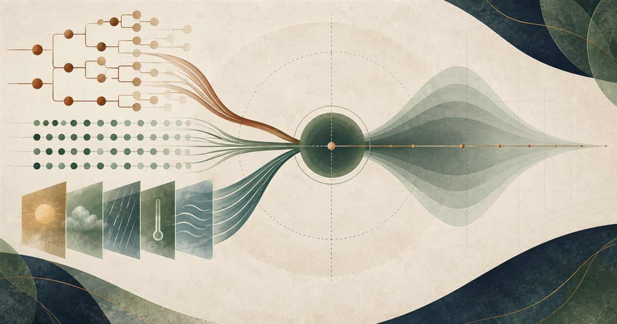 Pedigree, observation, and environment evidence streams converging into an estimate with uncertainty.