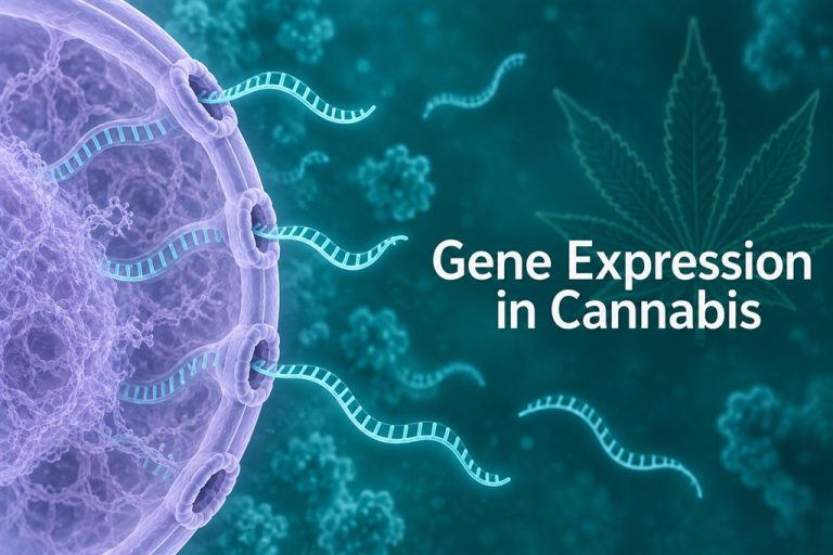 Conceptual nucleus and RNA illustration for understanding gene expression in cannabis research.