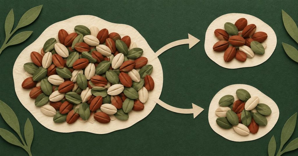 Colored seed tokens sampled into smaller groups to show random changes in allele proportions.