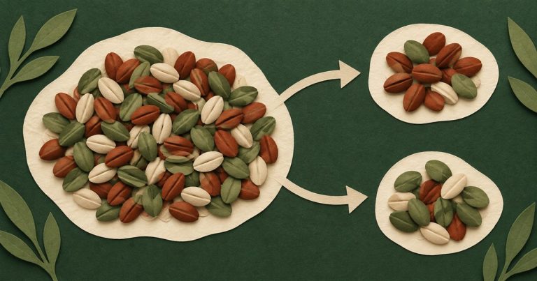 Colored seed tokens sampled into smaller groups to show random changes in allele proportions.
