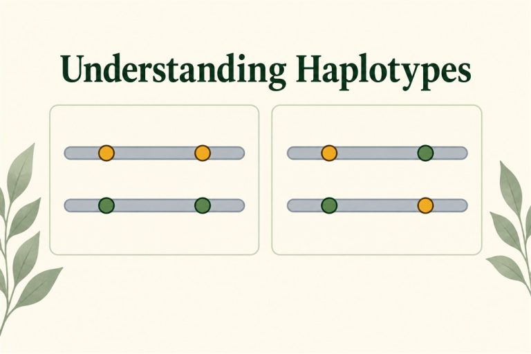 Two possible haplotype arrangements shown as paired chromosome-copy ribbons with colored markers.