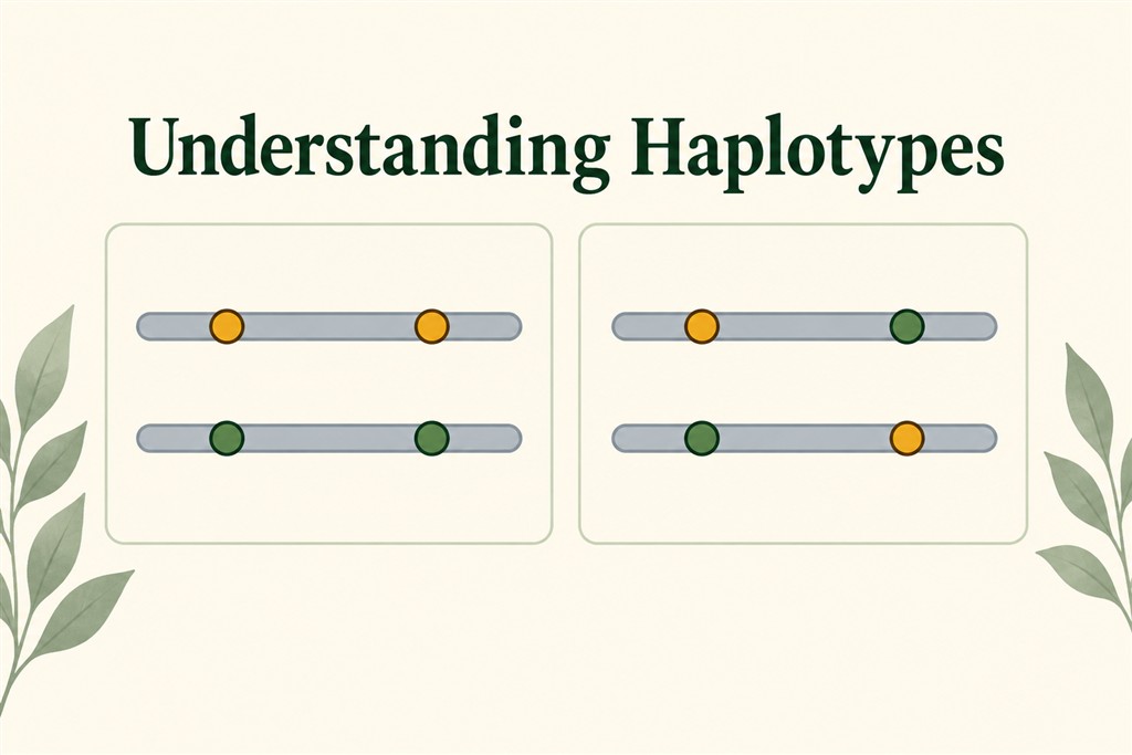 Two possible haplotype arrangements shown as paired chromosome-copy ribbons with colored markers.