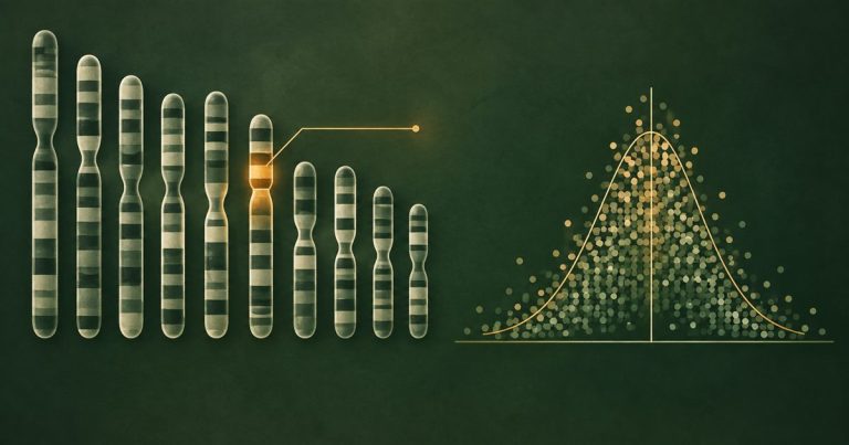 Chromosome map with a highlighted quantitative trait locus beside a distribution of measured trait values.