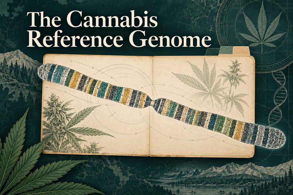 Conceptual chromosome map and archive folder illustrating a cannabis reference genome.
