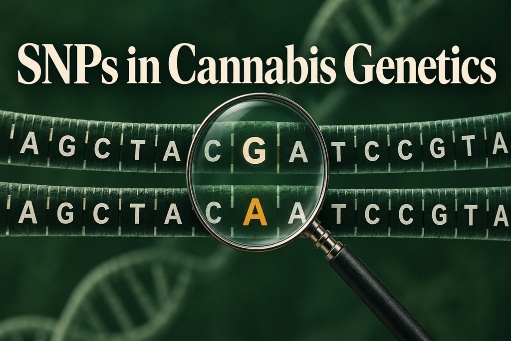 SNPs in cannabis genetics: two DNA sequences differ at one highlighted letter.