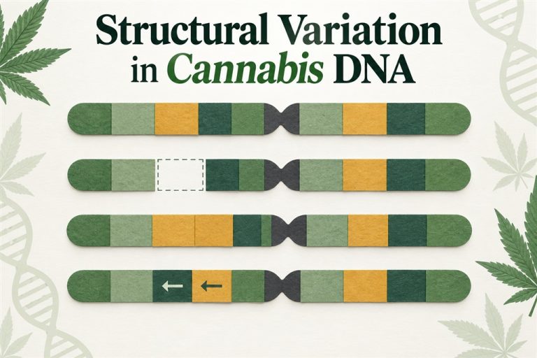 Conceptual DNA segments illustrate deletion, duplication and inversion in cannabis structural variation.