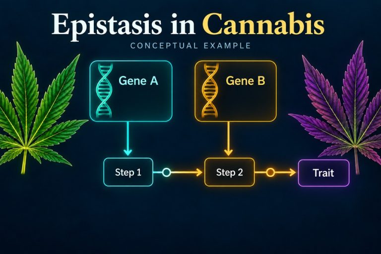 Conceptual example of epistasis: two genetic switches affect successive steps leading to a trait.